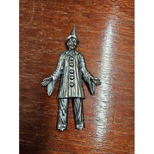 558 - Vintage Silver Tone Sad Clown Figure Brooch 10cm