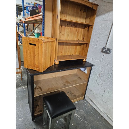 601 - Pine Bookcase, Laundry Bin and a Stool