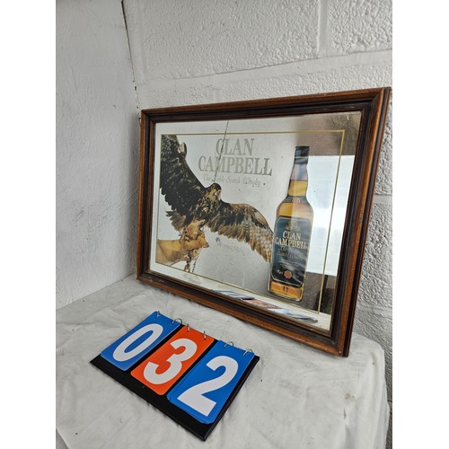 32 - Clan Campbell Scotch Whiskey Advertising Mirror 18 x 22 inches