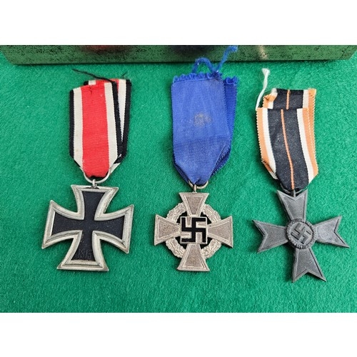 92 - Framed Hitler Stamps and 3 Medals. War Merit Cross, 3rd Reich Civil Cross and Iron Cross