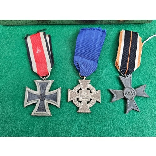 92 - Framed Hitler Stamps and 3 Medals. War Merit Cross, 3rd Reich Civil Cross and Iron Cross