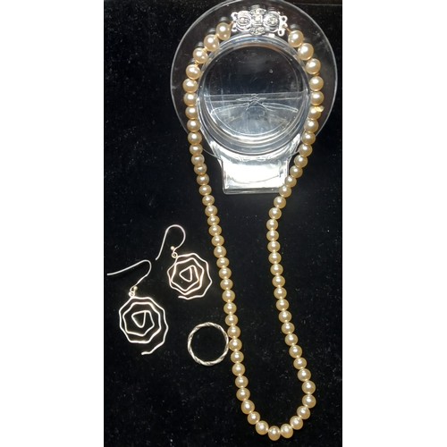 578 - Silver 925 Earring and Ring and a Faux Pearl Necklace with Silver 835 Clasp - Ring and Earring weigh... 