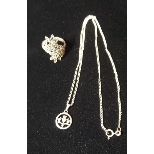 579 - Silver 925 Ring and necklace with Thistle Pendent 7.72g