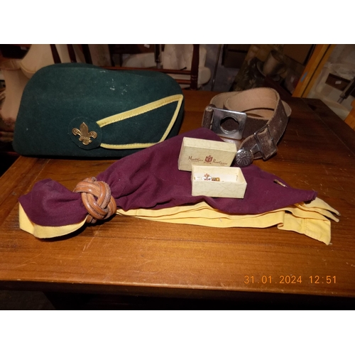 173 - Selection of Scout Association Items. Inc. Hat, Belt, Pins and Scarf