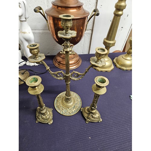 601 - Pair of Brass Candle Sticks and Brass Candelabra