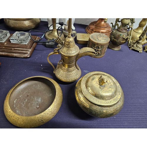 608 - 3 Antique Brass Items inc Brass Genie lamp