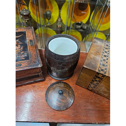 586 - Victorian Wooden Jewellery Box, Tobacco Jar and Indian Postage Box