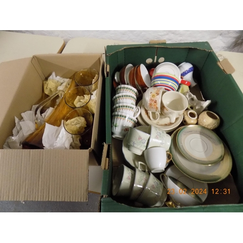 445 - 2 Boxes of Pottery etc. Inc Retro Jug & 4 Glasses Set