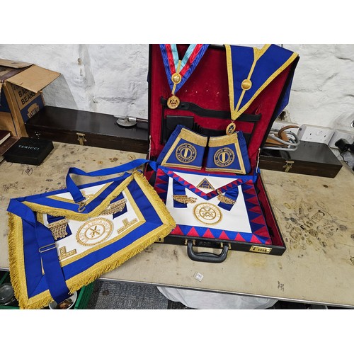 595 - Selection of Masonic Items inc Aprons and Jewels in a Case