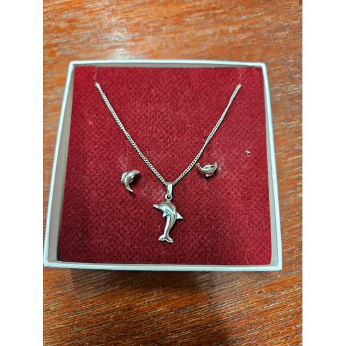 585 - Silver 925 Dolphin Necklace and Earrings Set 3.85g