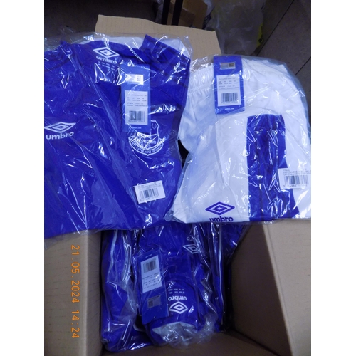 79 - Box of 10 Official Everton Home Jersey and Shorts Sets. Size 146cm Jnr