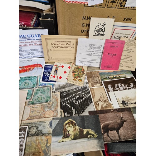 624 - A Box of Early Military and Army Ephemera with Postcards, Photos, Army Handbooks, War Banknotes and ... 