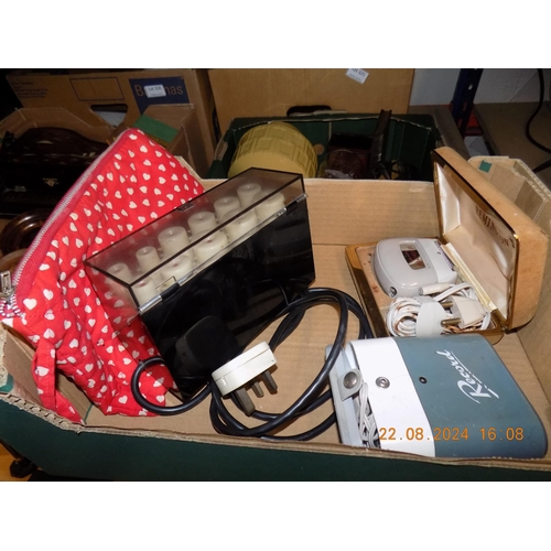 164 - Box of Vintage Shavers and Mantle Clock w/o