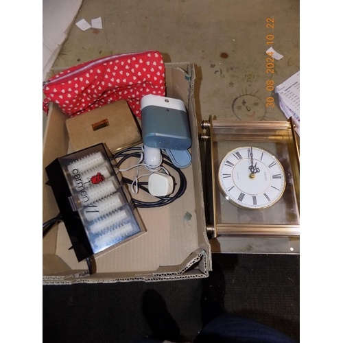 164 - Box of Vintage Shavers and Mantle Clock w/o