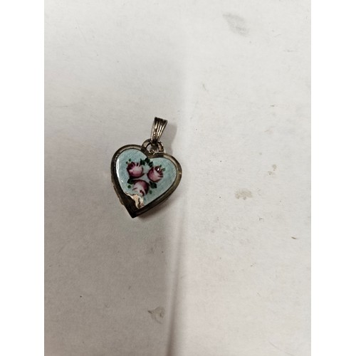 1188 - Vintage Silver 925 Blue Guilloche Enamelled Rose Heart Pendent