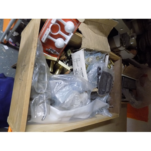 334 - Box of Mortice Locks, Bathroom Locks and 2 Boxes of Pipe Clips