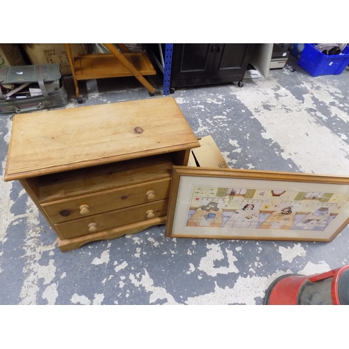 345 - Small 2 Drawer Pine Cabinet and Cat Picture