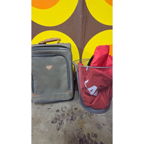 94 - Three items comprising of a suitcase, a mesh basket and collapsable laundry Basket