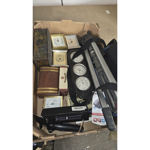 96 - A Collection of Clocks, Weather Station, Tripods, and Sundries