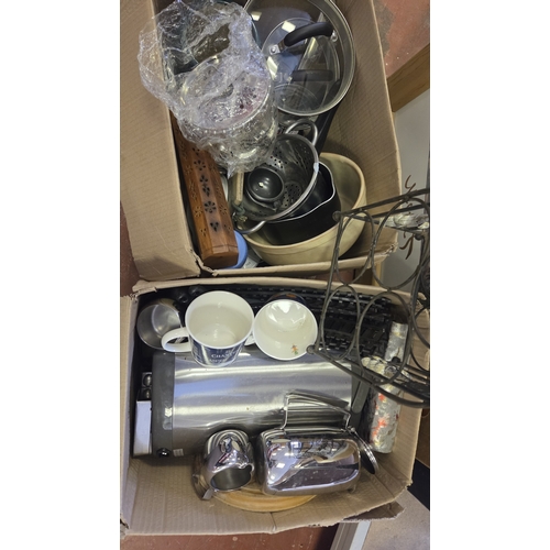 171 - Two Boxes of Kitchenware and Household Items. Including A Framed Landscape Print