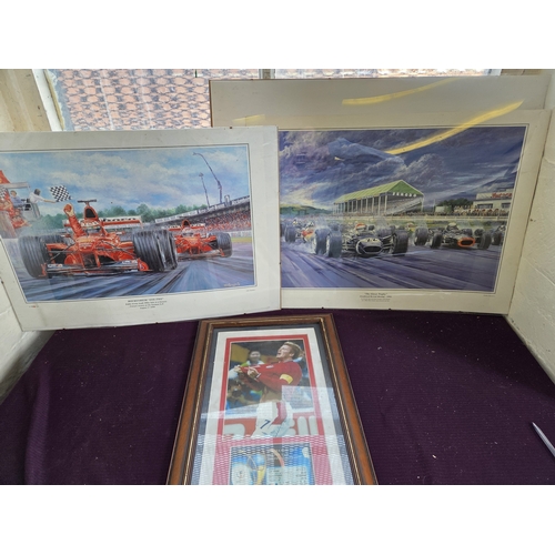 389 - A Trio of Sports Memorabilia comprising John Saunders Motorsport Prints and a 2002 FIFA World Cup Fr... 