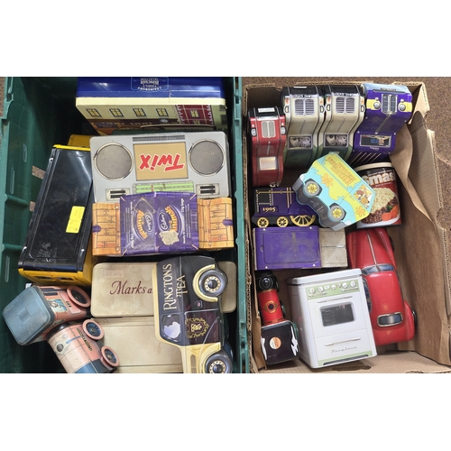 61 - Two Boxes of Novelty Advertising and Figurative Lithographed Tinplate Tins