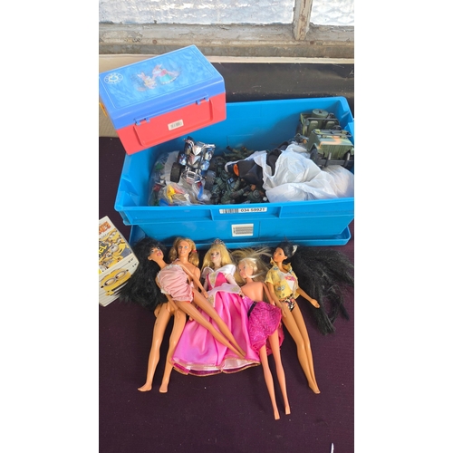 76 - A Collection of Fashion Dolls, Toy Vehicles and Storage Containers