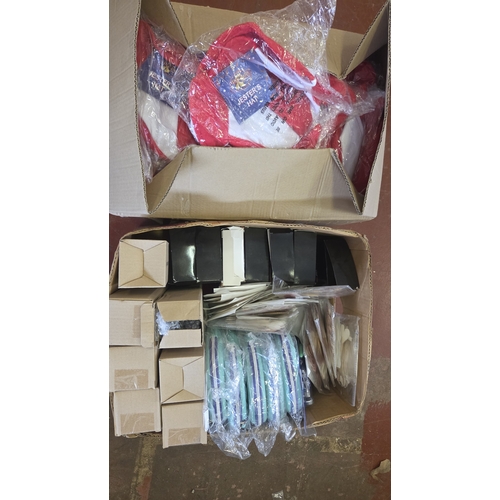261 - Two Boxes of New Mixed Wholesale Goods Including Seasonal Headwear, Pouches, and Gift Boxes