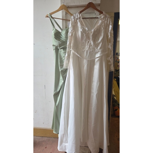 280 - Two contemporary formal gowns including a white lace wedding dress and a Duntery bridesmaid dress