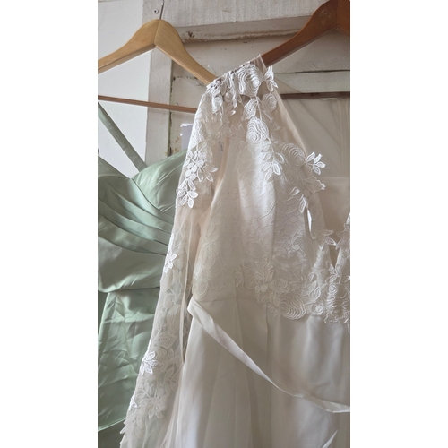 280 - Two contemporary formal gowns including a white lace wedding dress and a Duntery bridesmaid dress