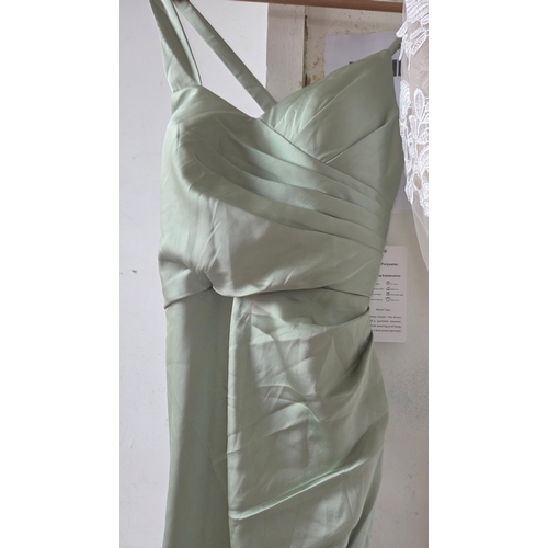 280 - Two contemporary formal gowns including a white lace wedding dress and a Duntery bridesmaid dress