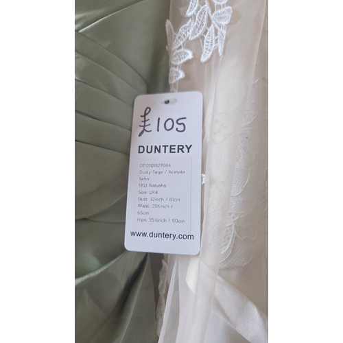 280 - Two contemporary formal gowns including a white lace wedding dress and a Duntery bridesmaid dress