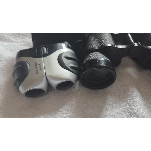 284 - TWO PAIRS OF BINOCULARS COMPRISING HANIMEX 8X40 AND COMPACT 8X21 MODELS