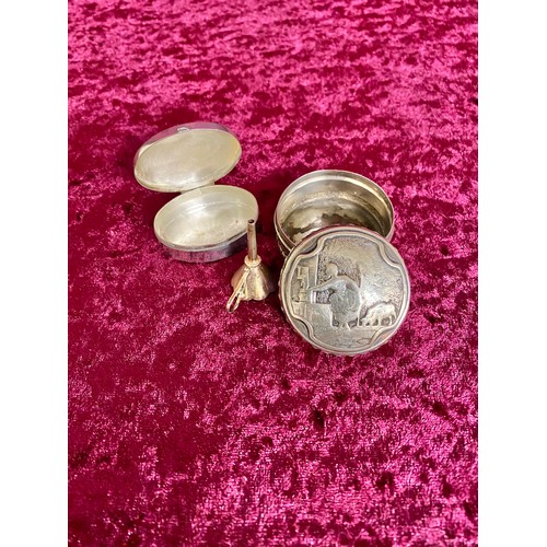 36 - Continental silver Pill Box with internal minoret pictoral lid (slight dents), Silver scent funnel a... 