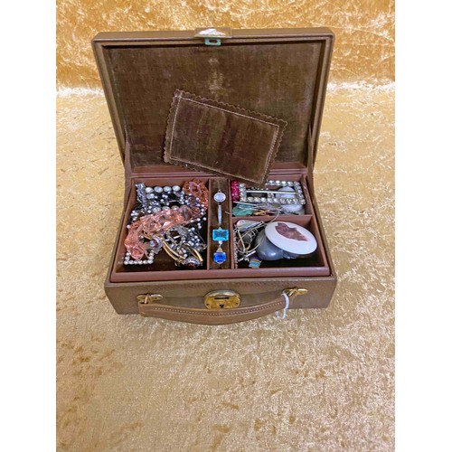 27 - Brown Jewellery box containing Vintage Costume Jewellery