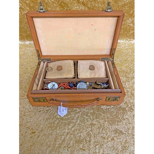 28 - Brown Jewellery box including Antique Coral & Vintage costume jewellery