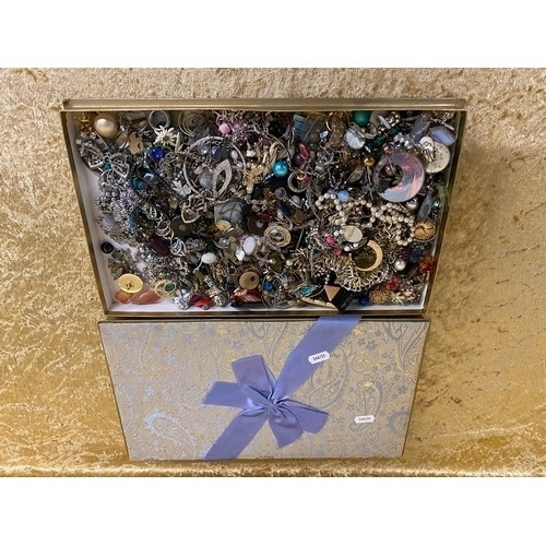 17 - Blue Ribbon box of Vintage costume jewellery