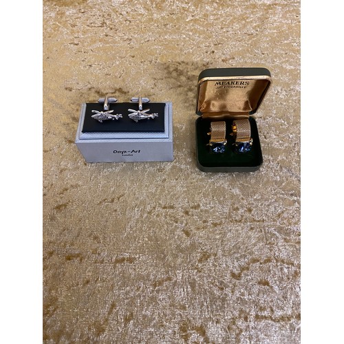 24 - Cufflinks- Meakins of Picadilly in original box (1960/1970) and a novelty white metal pair with heli... 