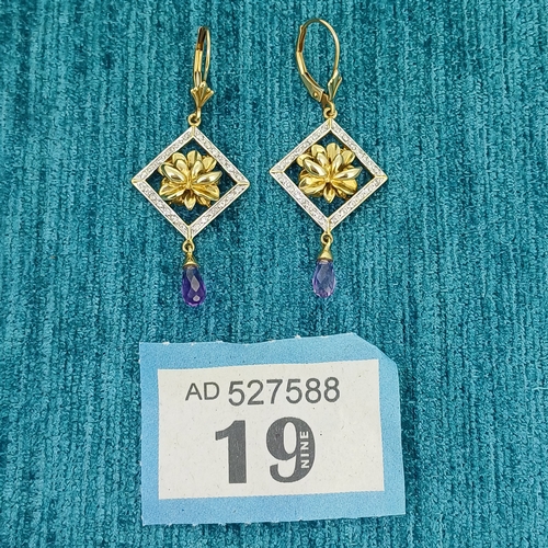 19 - 18ct Gold Diamond and Amethyst Drop Earrings
- 4.3g