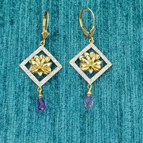 19 - 18ct Gold Diamond and Amethyst Drop Earrings
- 4.3g