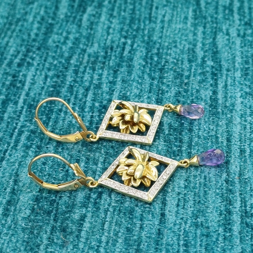 19 - 18ct Gold Diamond and Amethyst Drop Earrings
- 4.3g