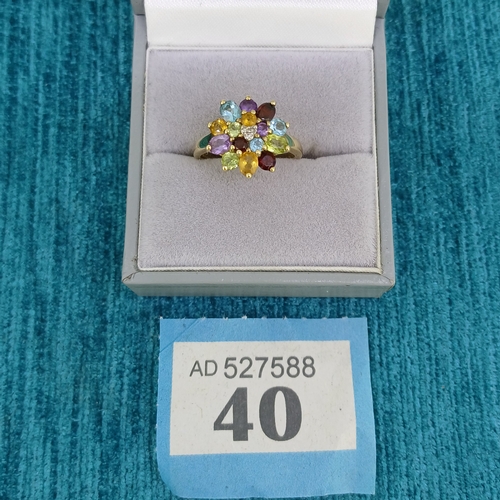 40 - Multi gem Cluster Ring
- 9ct Gold
- 3g