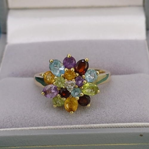 40 - Multi gem Cluster Ring
- 9ct Gold
- 3g