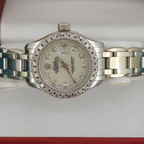 71 - Ladies Rolex
- Diamond Bezel 
- 18ct White Gold
- Date Just