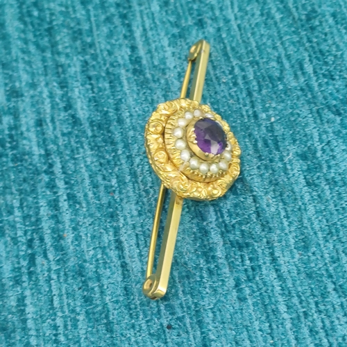 77 - 9ct and 15ct Gold Pearl and Amethyst Bar Brooch
- 8.3g