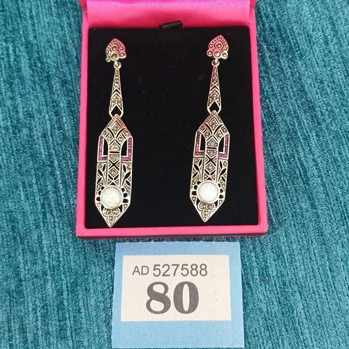 80 - Silver Drop Earrings Ruby, Marquisette and Opal