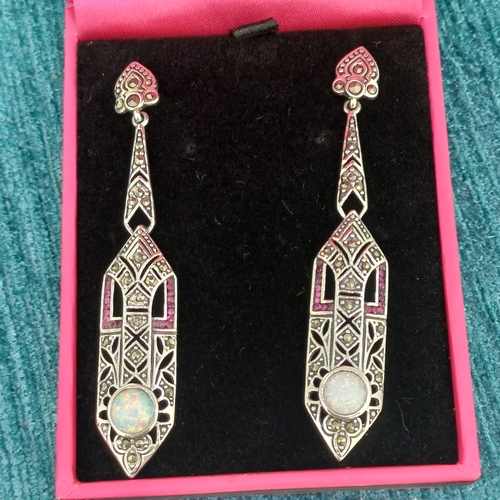 80 - Silver Drop Earrings Ruby, Marquisette and Opal