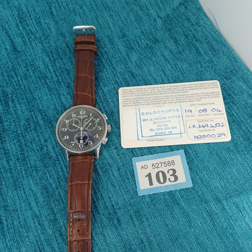 103 - Early 2000's Longines Chronograph Watch. Original Box and Authenticity / proof of purchase / warrant... 