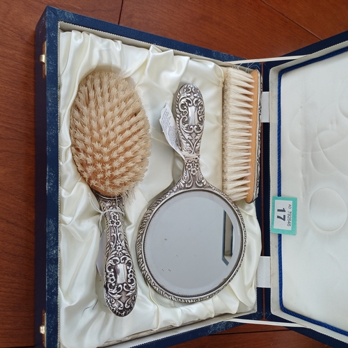 17 - 1950's Silver Hand Mirror and Brush Set in case