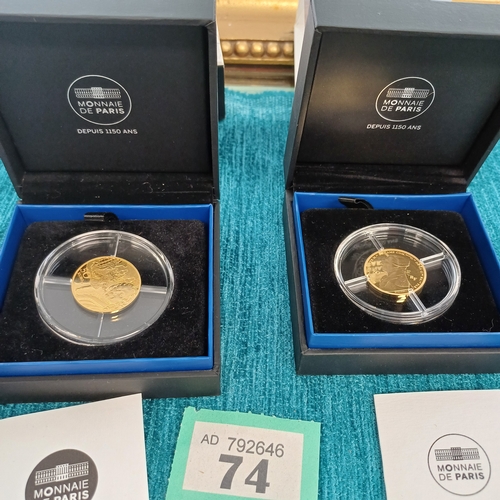 74 - Two Beautiful Proof and Boxed 24ct Gold French Coins.  Each weighing 1/4 oz as shown in the photo